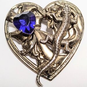 Vtg giant Heart-Shaped Brooch with Blue Gem and Lizard Design